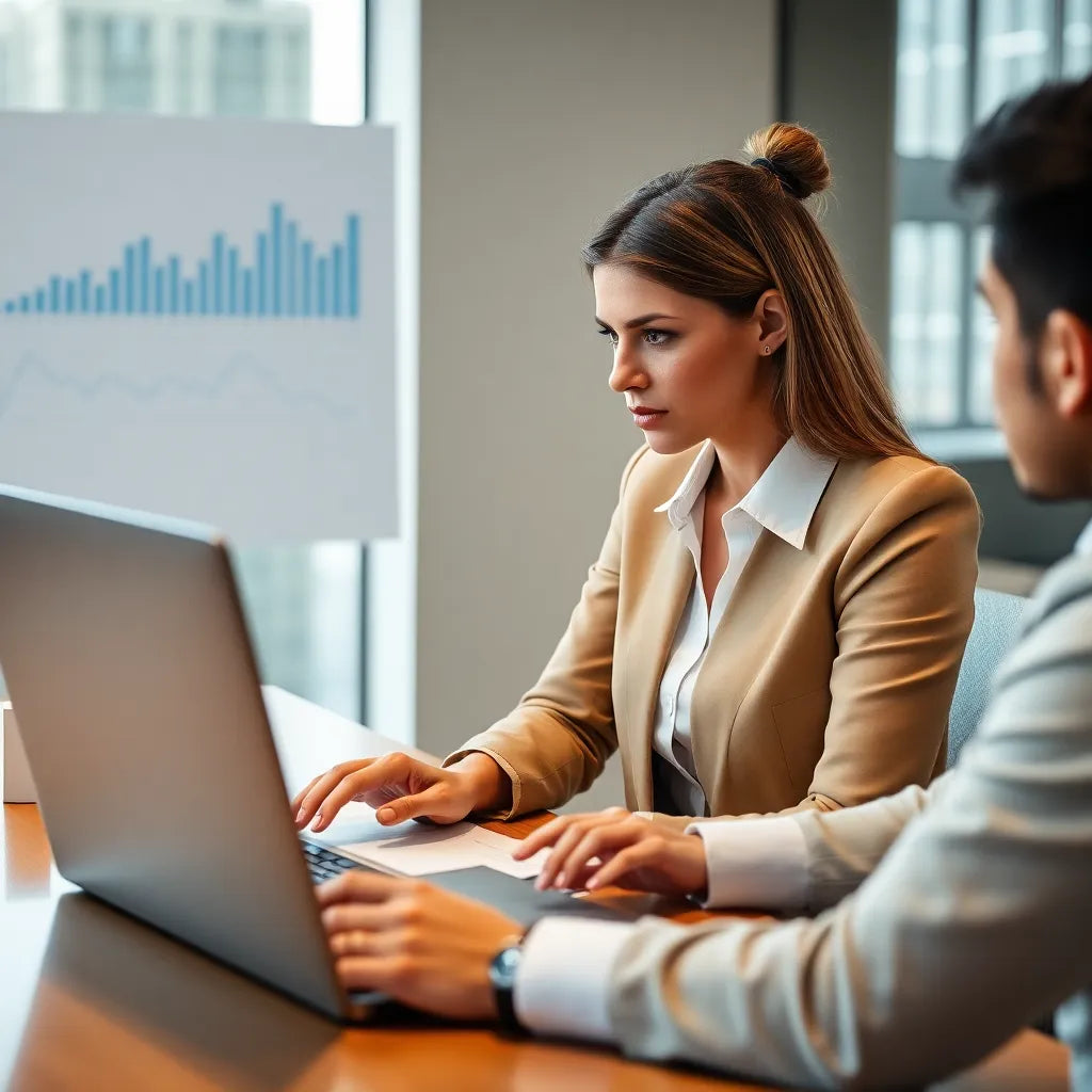 Business woman consulting with clients using financial charts on laptop